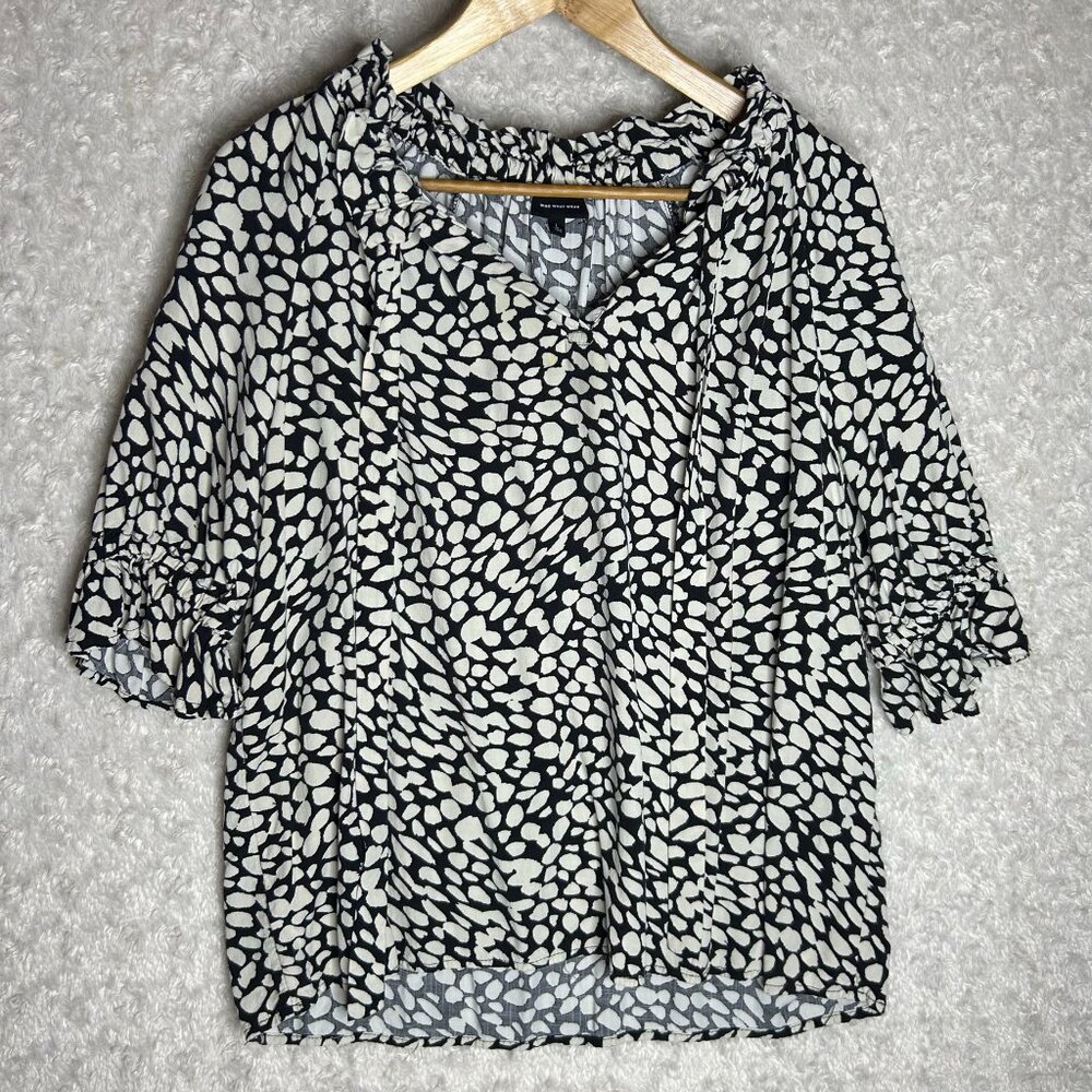 Who What Wear Women's Large Printed Elbow Sleeve‎ High Neck Tie Front Blouse